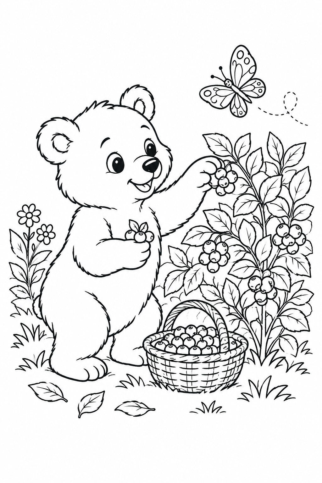 Ein Bär pflückt Beeren neben einem vollen Korb und einem belaubten Strauch.