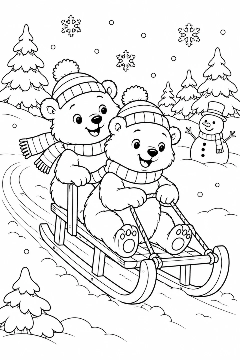 两只戴帽子围围巾的小熊坐着木雪橇，经过积雪的冷杉和笑脸雪人。