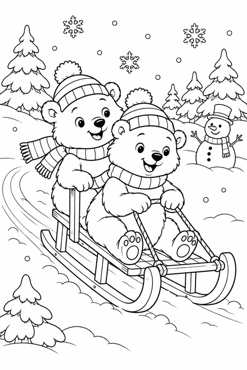 两只戴帽子围围巾的小熊坐着木雪橇，经过积雪的冷杉和笑脸雪人。