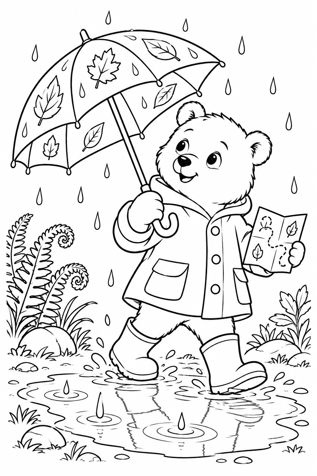 穿雨衣和雨靴的小熊撑着树叶图案的伞，拿着小地图走过水洼。