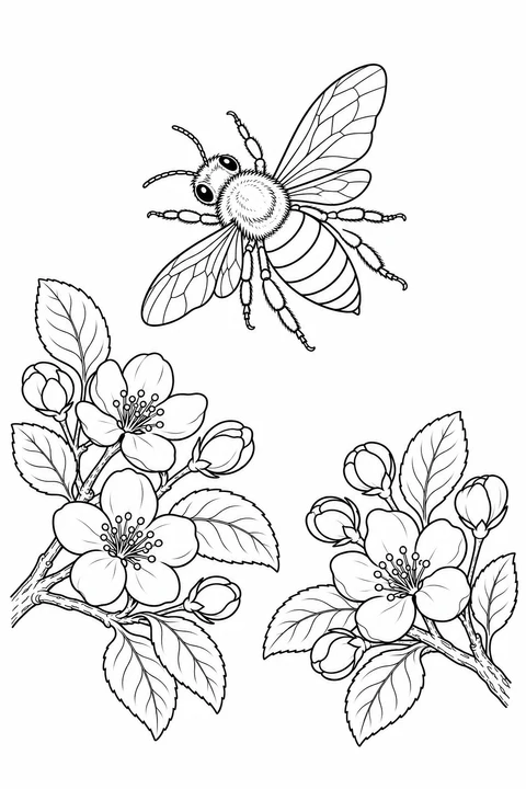 Eine Biene fliegt über zwei Zweige mit offenen Apfelblüten, Knospen und spitzen Blättern.