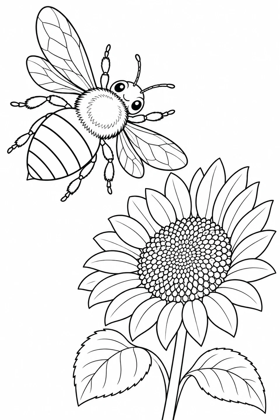 Eine große Biene fliegt auf eine Sonnenblume mit gemusterter Mitte und zwei breiten Blättern zu.
