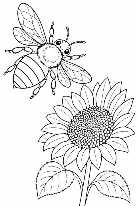 Eine große Biene fliegt auf eine Sonnenblume mit gemusterter Mitte und zwei breiten Blättern zu.