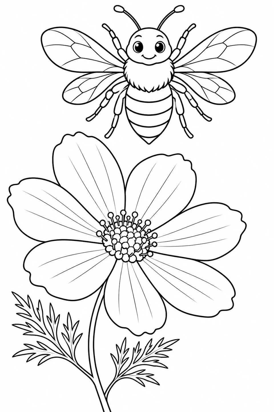 Eine lächelnde Biene schwebt über einer großen Blüte mit breiten Blütenblättern und fein geteilten Blättern.