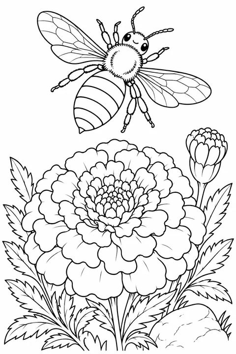 Eine Biene schwebt über einer großen gefüllten Blüte mit einer Knospe, gezackten Blättern und einem Gartenstein.