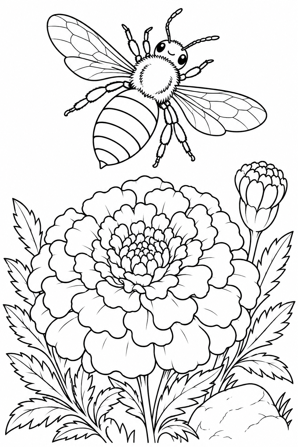 Eine Biene schwebt über einer großen gefüllten Blüte mit einer Knospe, gezackten Blättern und einem Gartenstein.