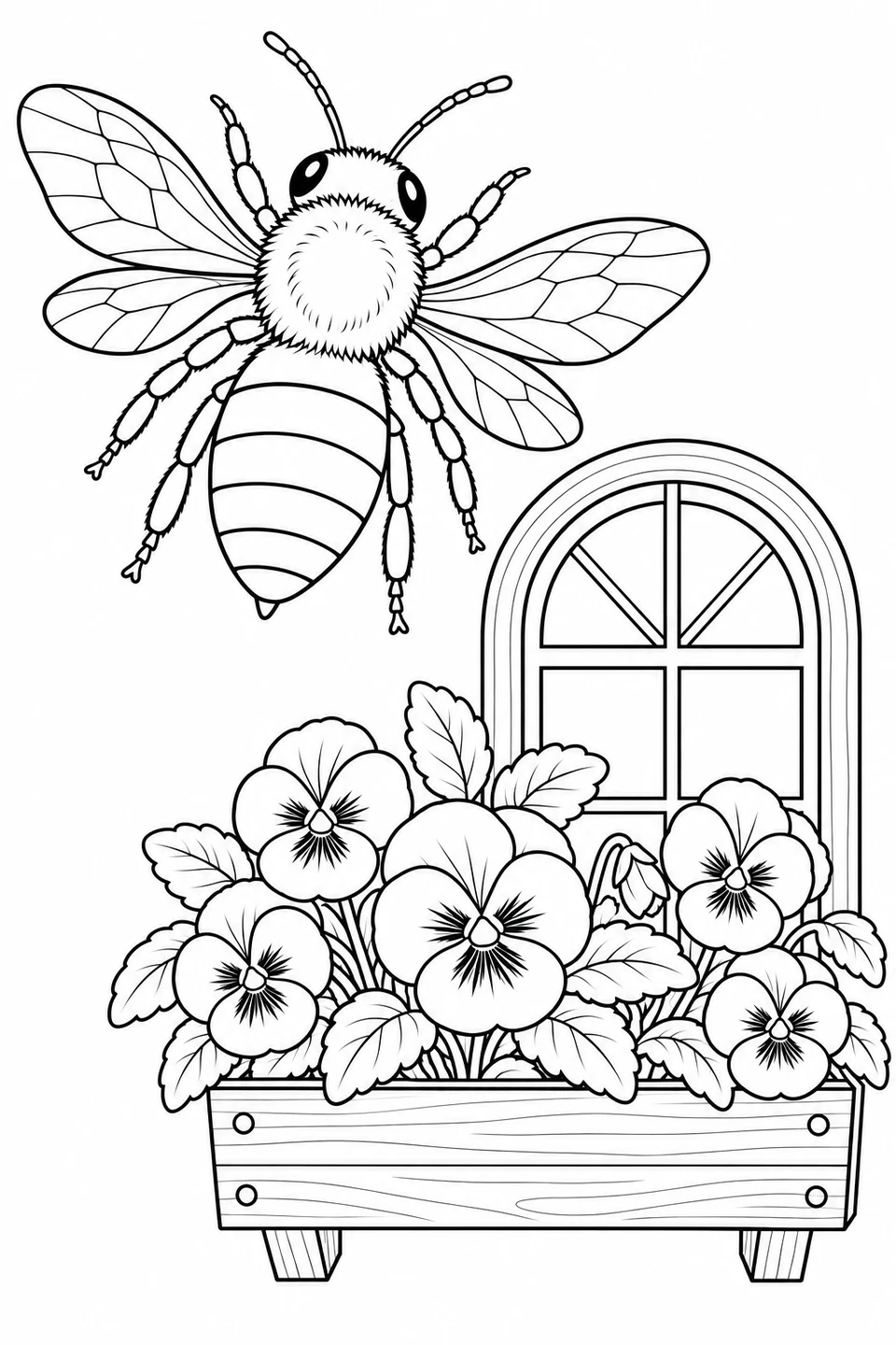 Eine Biene fliegt neben einem Bogenfenster und einem hölzernen Blumenkasten voller Stiefmütterchen und Blätter.