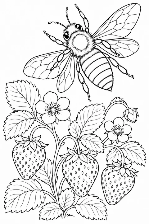Eine Biene fliegt über drei Erdbeeren, offene Blüten, eine Knospe und große gezackte Blätter.