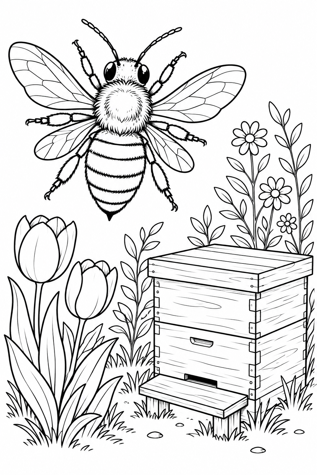 Eine Biene schwebt neben einem hölzernen Bienenkasten mit zwei Tulpen, kleinen Blumen und Gras.