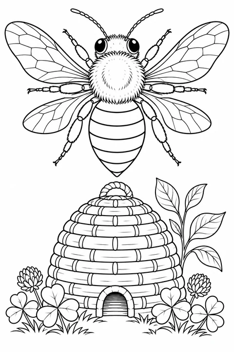 Eine Biene breitet ihre Flügel über einem gewölbten, geflochtenen Bienenkorb zwischen Klee und Blättern aus.