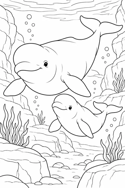 A large beluga and a smaller one swim together between rocky ledges, seaweed and rising bubbles.
