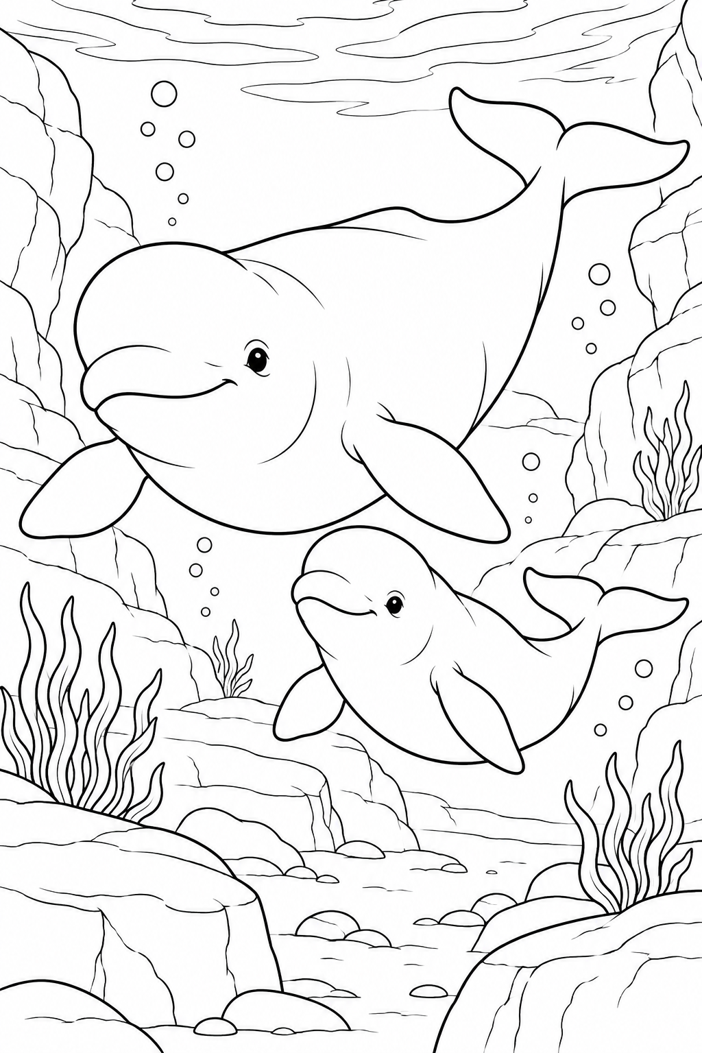 A large beluga and a smaller one swim together between rocky ledges, seaweed and rising bubbles.