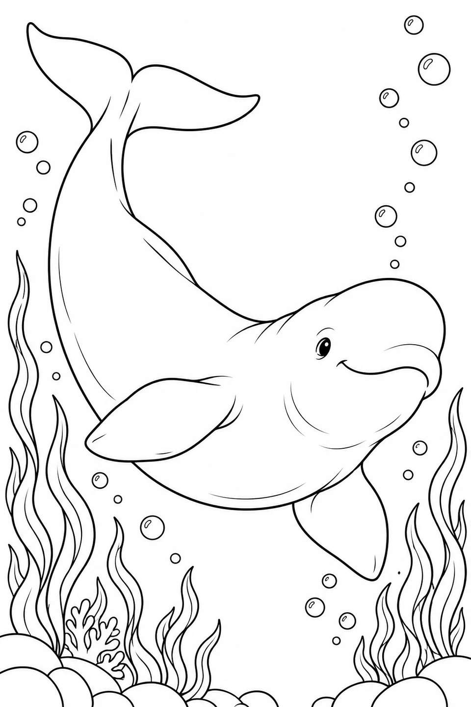 A beluga curves through the water with its tail raised, surrounded by bubbles and long strands of seaweed.
