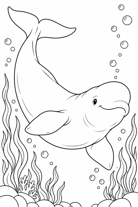 A beluga curves through the water with its tail raised, surrounded by bubbles and long strands of seaweed.