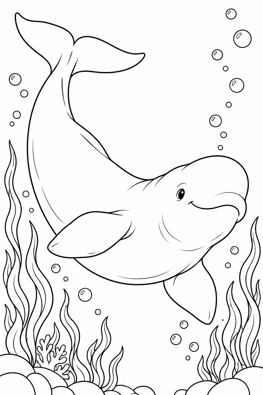 A beluga curves through the water with its tail raised, surrounded by bubbles and long strands of seaweed.