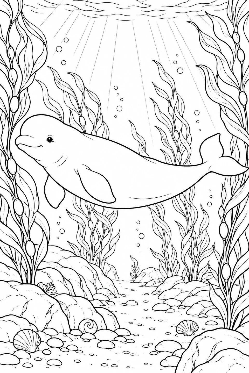 A beluga glides between tall kelp fronds, with shells and pebbles scattered along the rocky seabed.