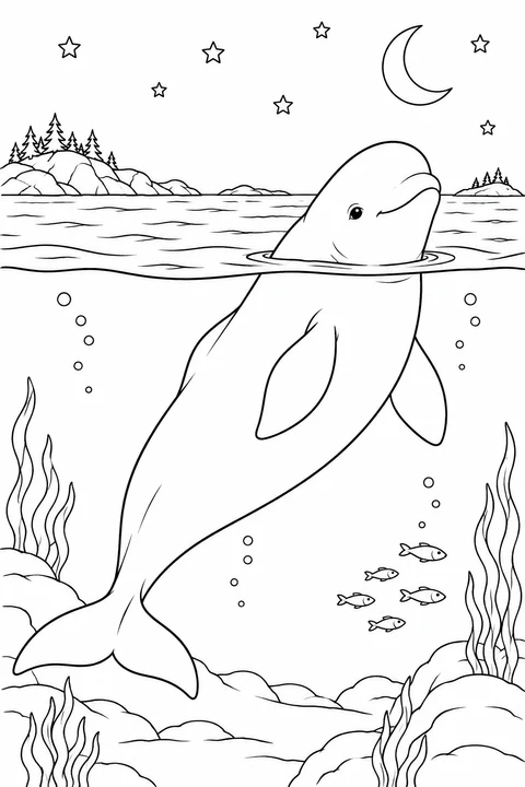 A beluga lifts its head above a calm sea beneath the moon and stars, while small fish swim near its submerged body.