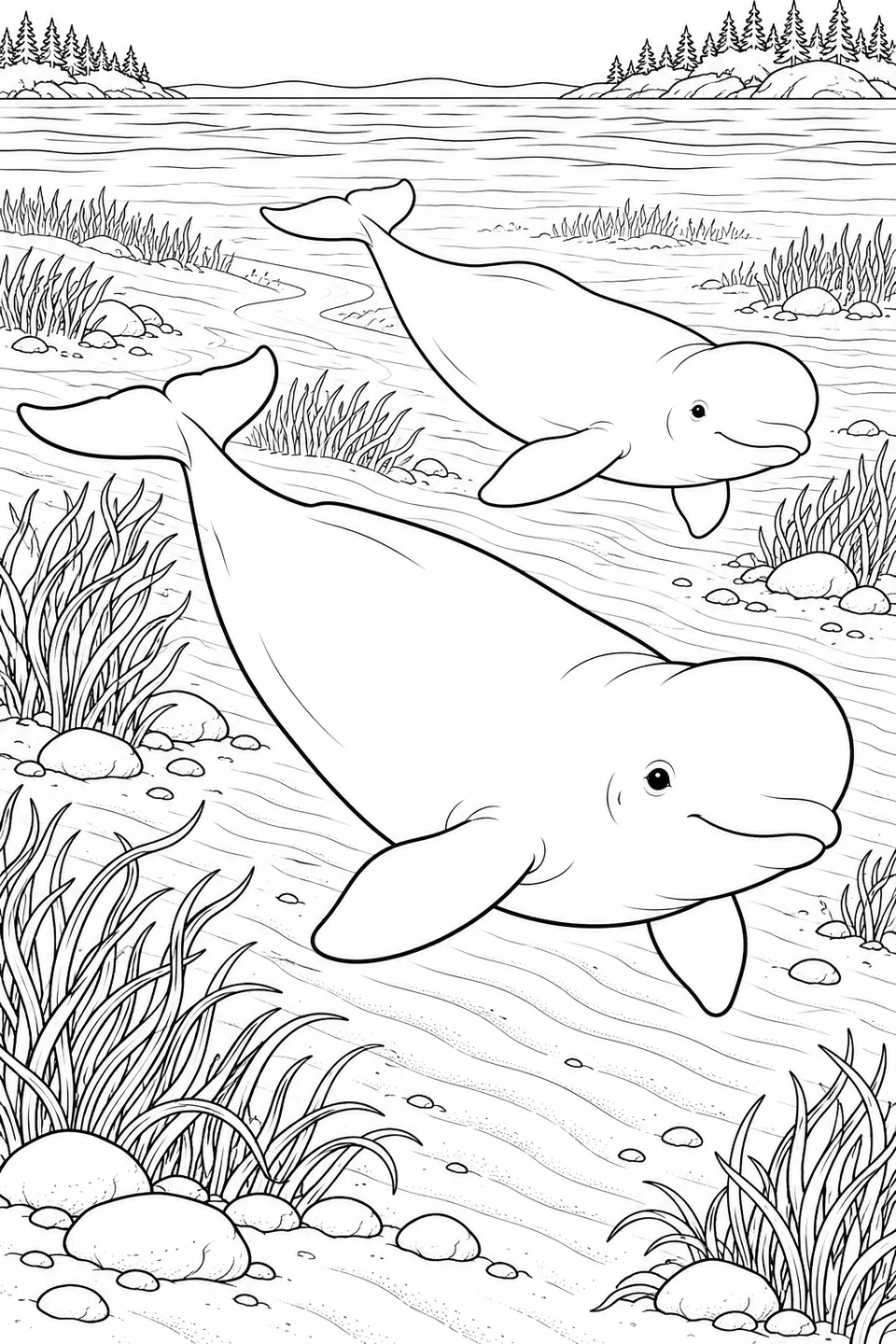 Two belugas glide over rippled sand and winding shallow channels, with eelgrass, stones and a wooded shoreline in the distance.