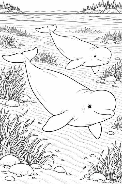Two belugas glide over rippled sand and winding shallow channels, with eelgrass, stones and a wooded shoreline in the distance.