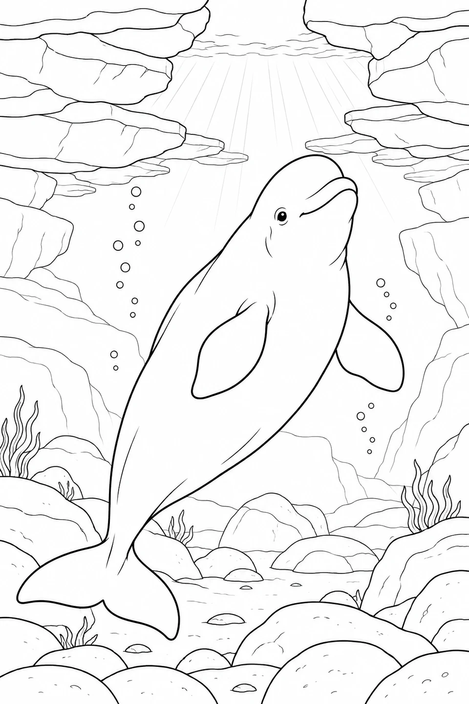 Un beluga nuota verso un’apertura luminosa tra lastre di ghiaccio, sopra rocce arrotondate e alghe ondeggianti.