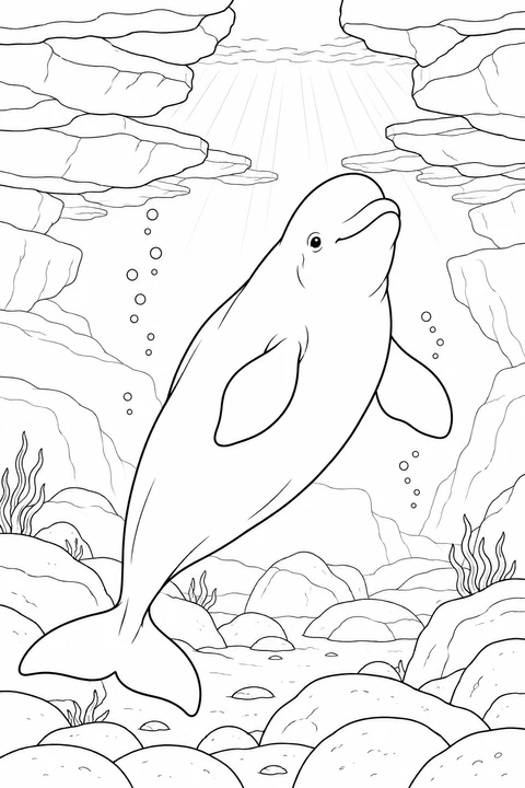 Ein Beluga schwimmt zu einer hellen Öffnung zwischen Eisschollen hinauf, über runden Steinen und wogenden Algen am Meeresboden.