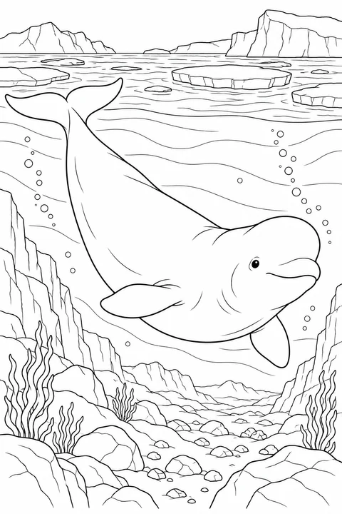 Beluga Whale: An Arctic scene with floating ice, flowing water and a rocky seabed.