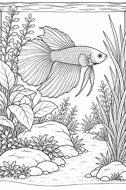 A betta swims over smooth rocks and a winding sandy path, between broad-leaved plants and tall grasses.