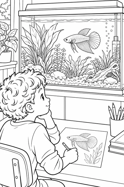 A curly-haired boy sketches a betta while watching it swim in a large aquarium filled with plants and driftwood.