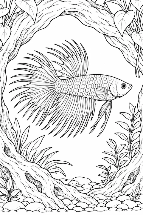A crowntail betta displays its pointed fin rays inside a wide frame of twisting roots, leaves and pebbles.