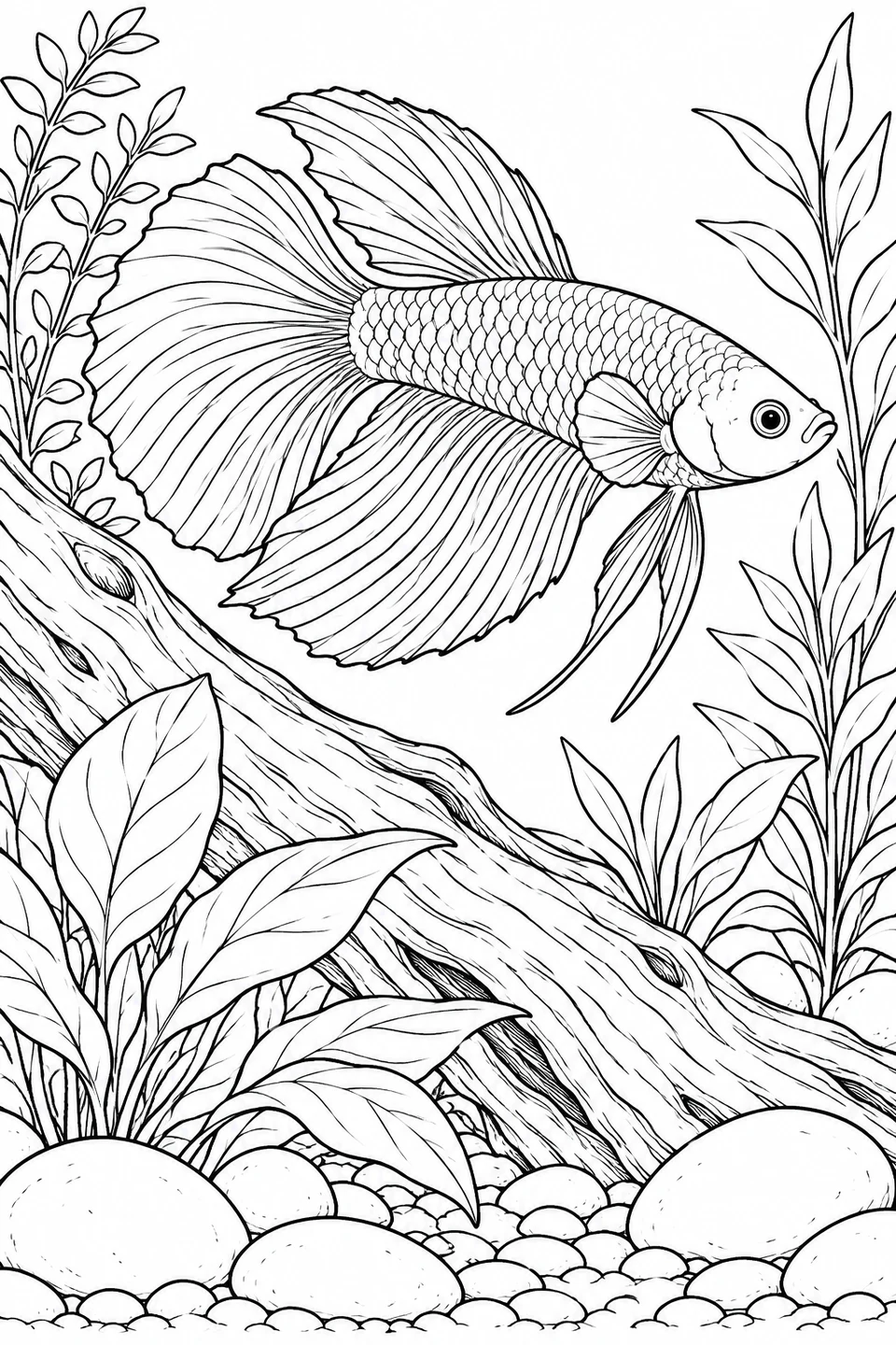 A long-finned betta swims above a diagonal piece of driftwood, framed by broad leaves, tall plants and smooth stones.