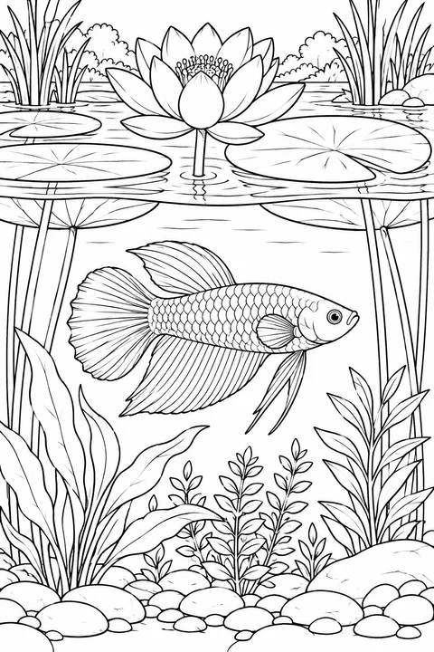 A betta swims beneath a large pond flower and floating leaves, between long stems and a bed of smooth stones.