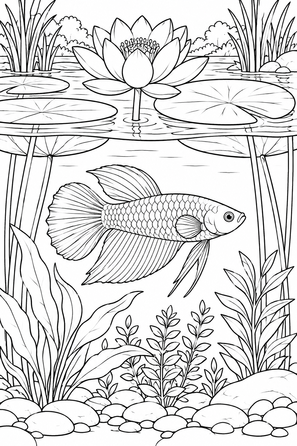 A betta swims beneath a large pond flower and floating leaves, between long stems and a bed of smooth stones.