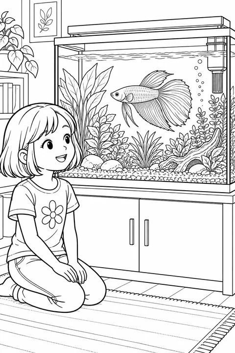 A smiling girl kneels beside a large planted aquarium, watching a betta swim above pebbles and driftwood.