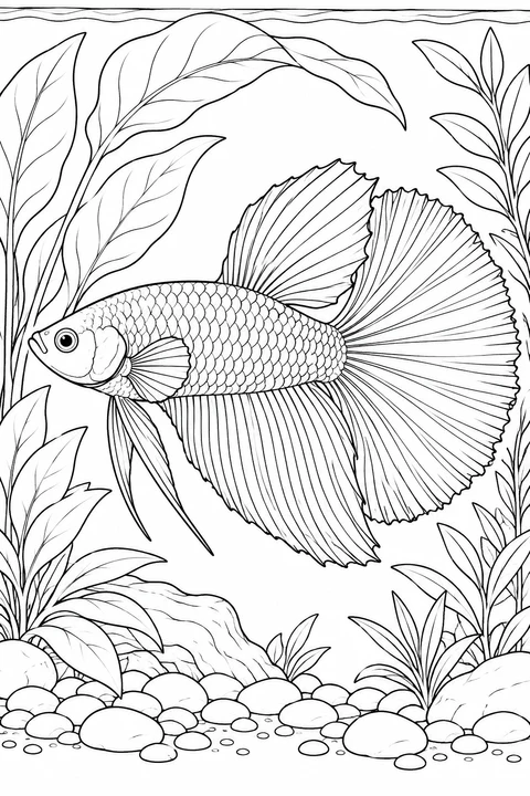 A betta spreads its broad half-moon tail beneath an arch of aquatic leaves, above smooth pebbles.