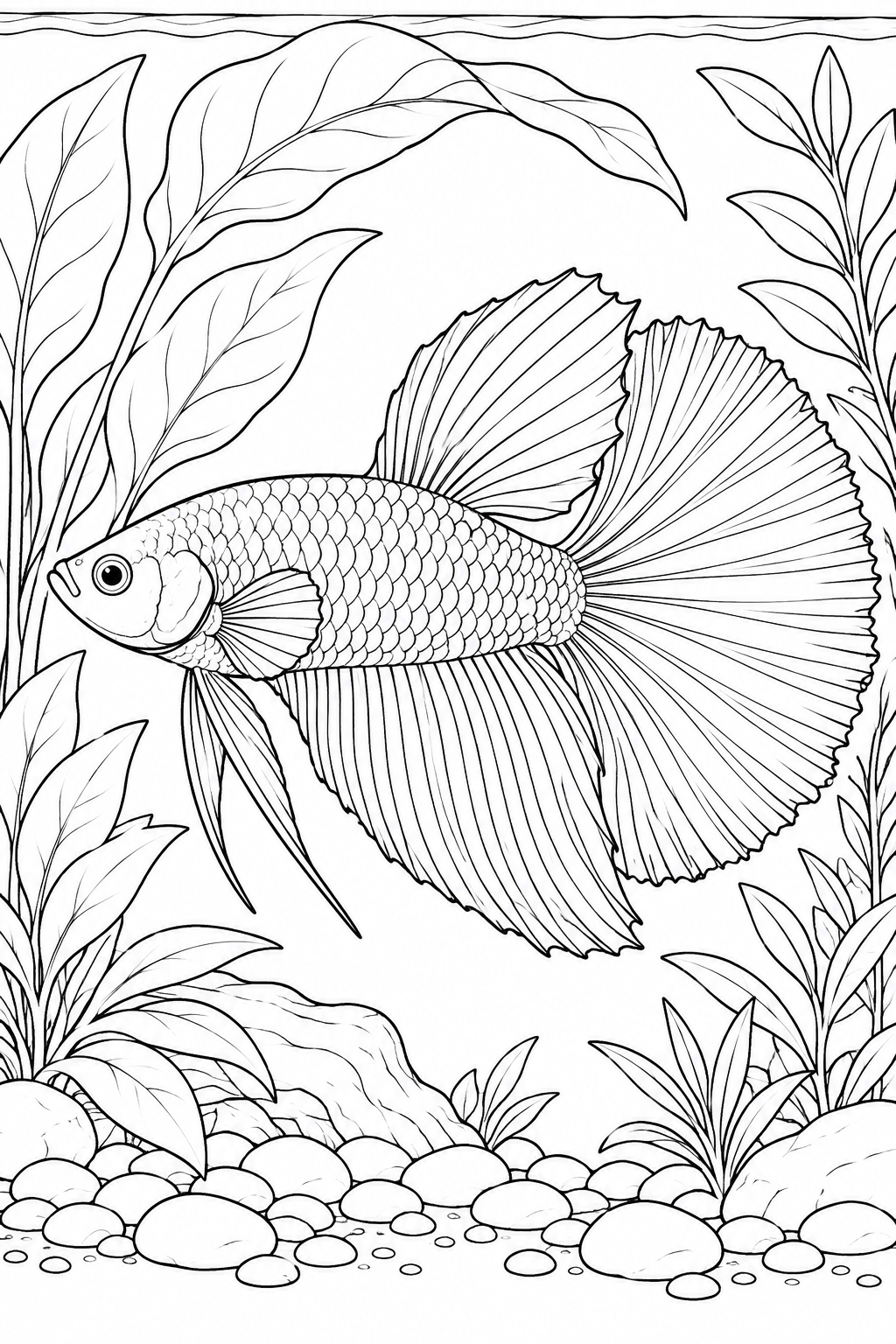 Ein Betta entfaltet seine breite halbmondförmige Schwanzflosse unter einem Bogen aus Wasserpflanzen, über glatten Kieseln.