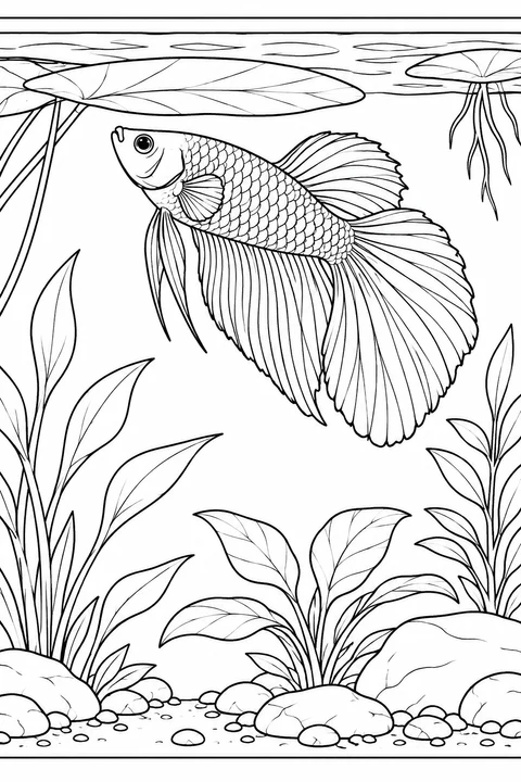 A long-finned betta hovers beneath a broad lily pad, with floating roots above and leafy plants and stones below.