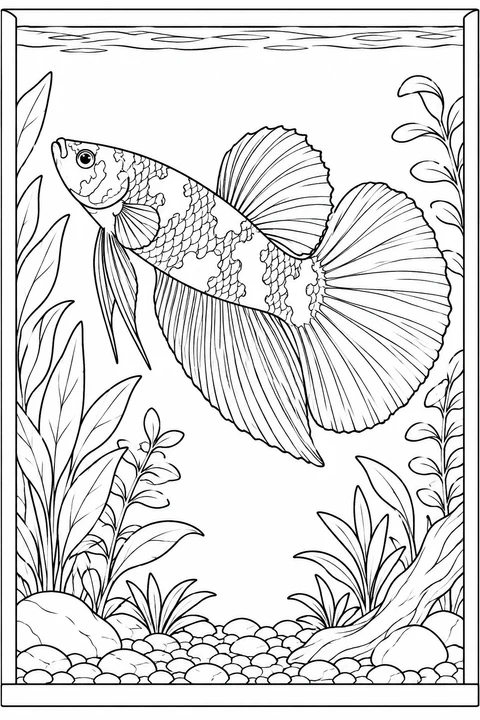 A betta with bold outlined patches turns upward in a planted aquarium, spreading its fan tail above pebbles and driftwood.
