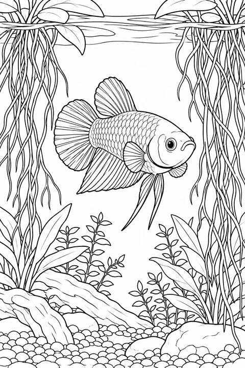 A short-finned betta faces forward through a wide opening between hanging roots, above leafy plants, driftwood and pebbles.
