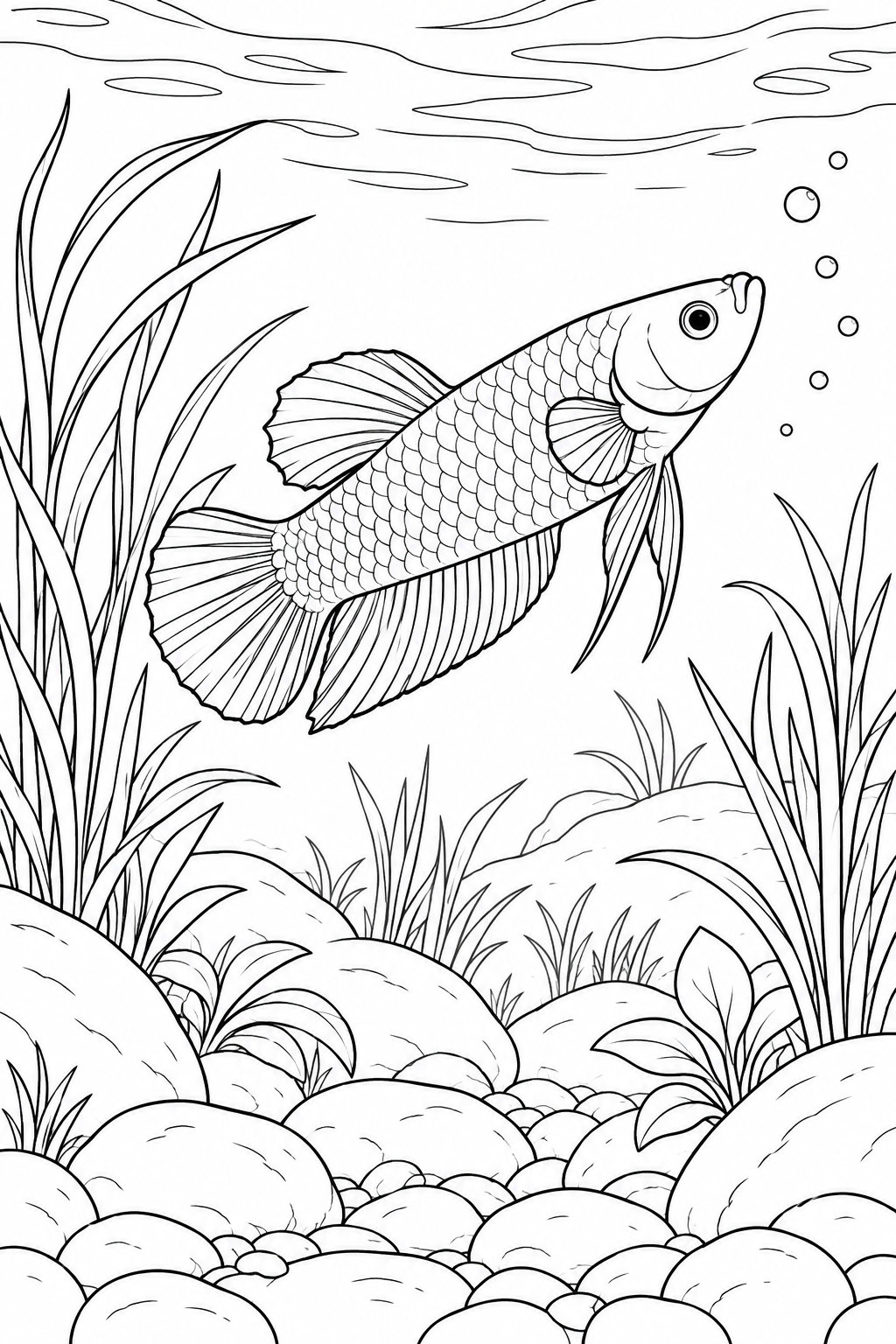 A short-finned betta swims upward through open water, surrounded by smooth stones, grasses and rising bubbles.