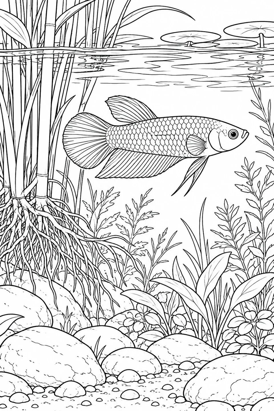 Ein schlanker Betta mit kurzen Flossen schwimmt unter Wasserkringeln, neben hohem Schilf, verzweigten Wurzeln und einem steinigen Pflanzengrund.