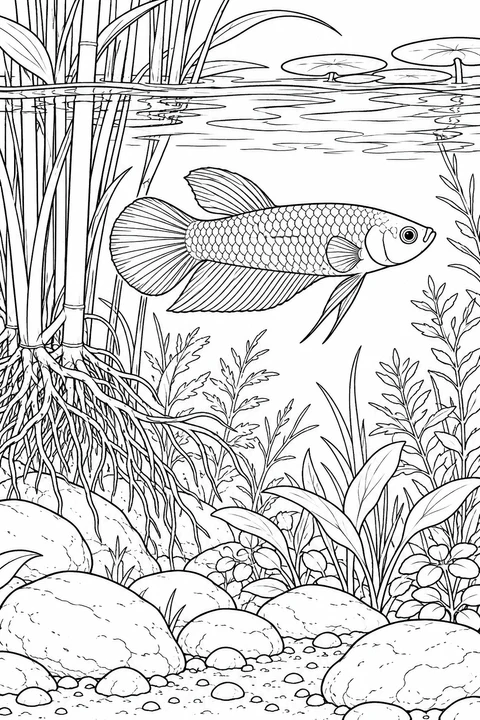 A slender short-finned betta swims below rippling water, beside tall reeds, branching roots and a rocky planted bed.