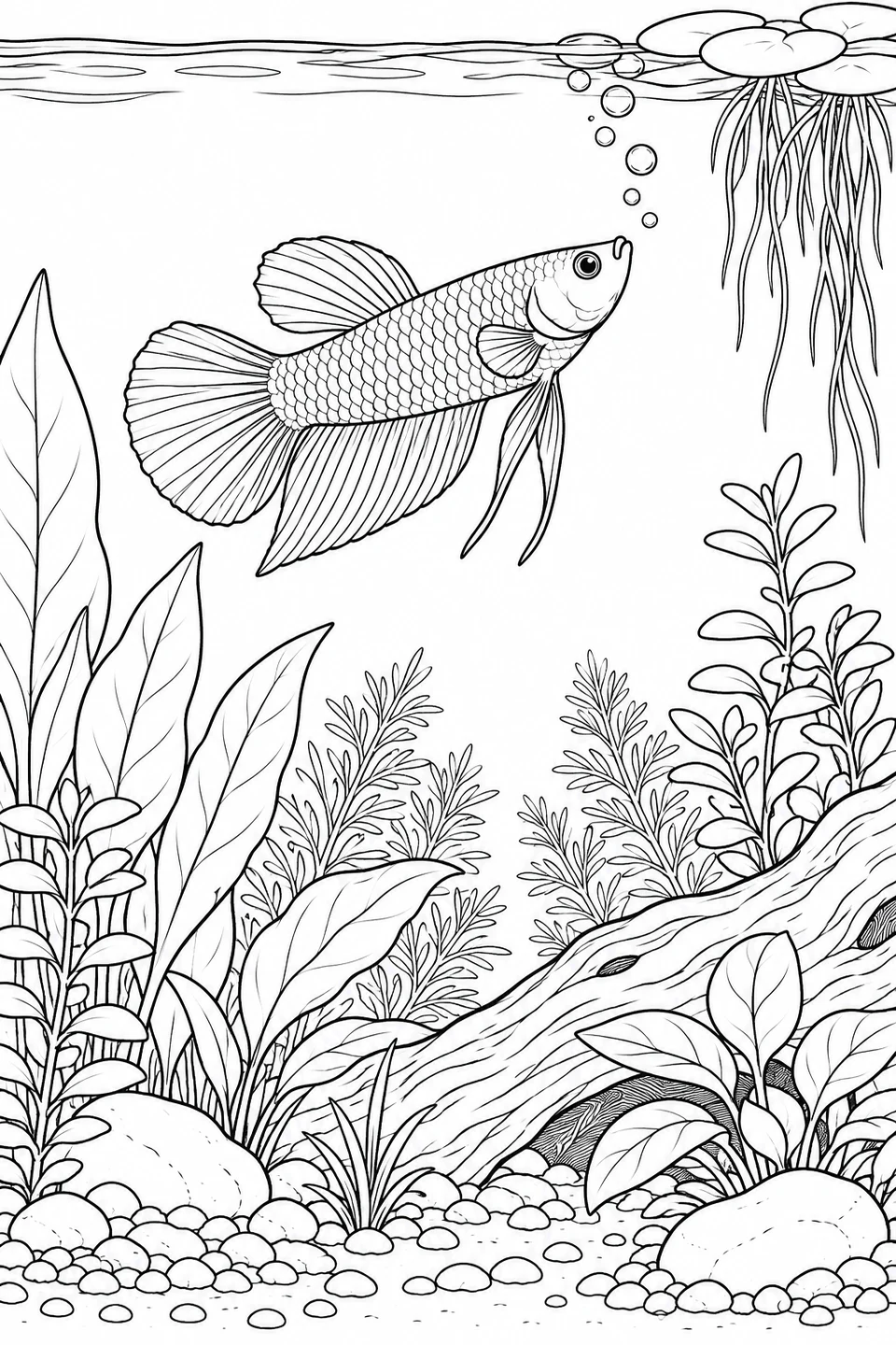 A betta swims toward bubbles near the surface, beside dangling roots and above a garden of water plants and driftwood.