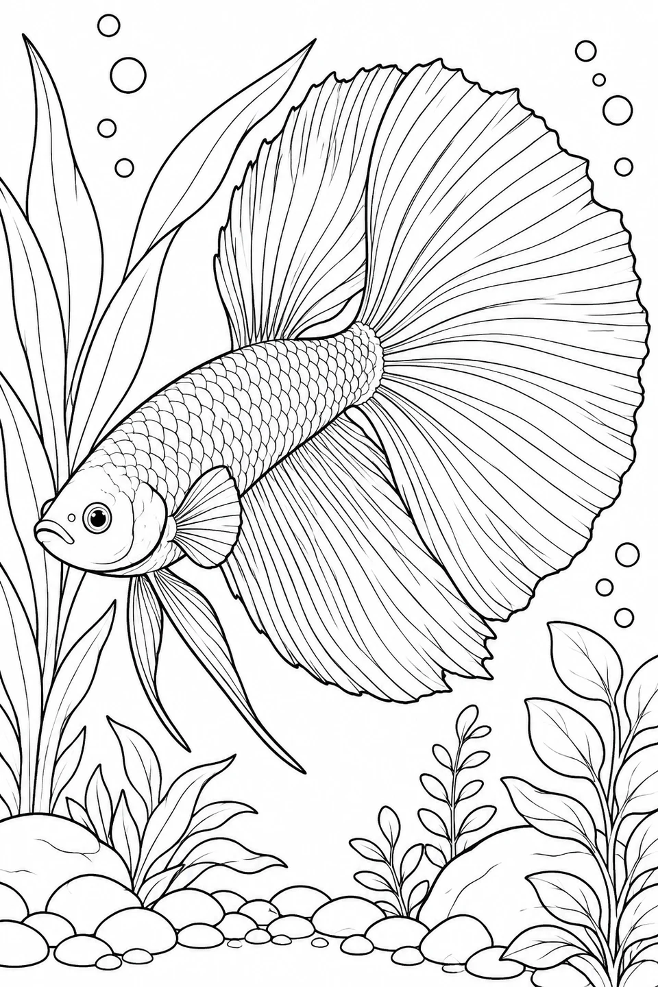A close-up betta spreads its broad tail diagonally across the scene, surrounded by slender leaves, bubbles and pebbles.
