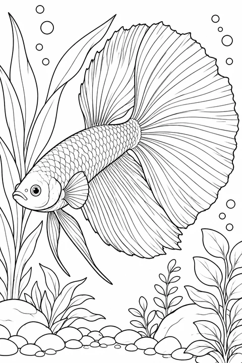 Ein Betta in Nahansicht entfaltet seinen breiten Schwanz schräg durchs Bild, zwischen schmalen Blättern, Blasen und Kieseln.
