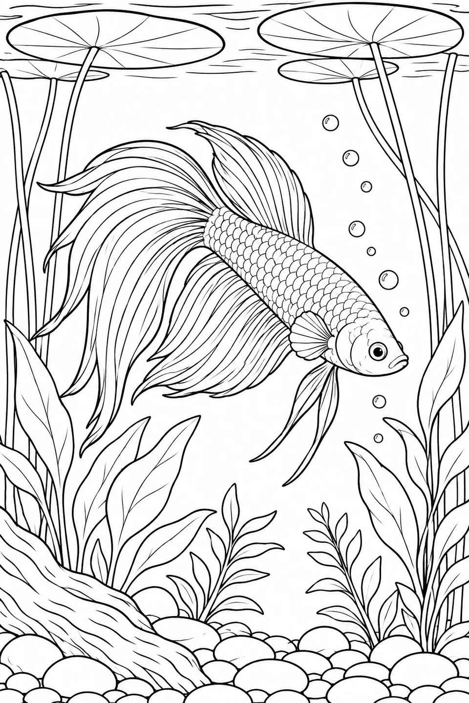 Un betta scivola verso il basso con pinne ondeggianti, tra steli di ninfea, piante frondose e pietre lisce.