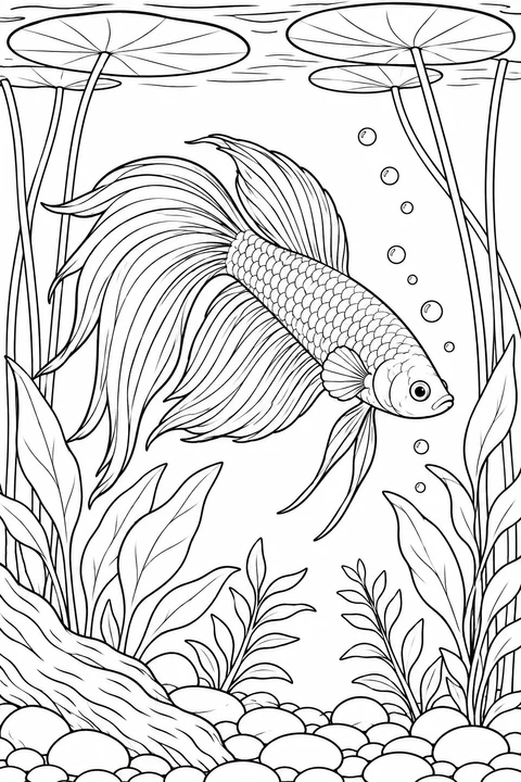 Ein Betta gleitet mit wehenden Flossen zwischen hohen Seerosenstängeln, Wasserpflanzen und glatten Steinen nach unten.