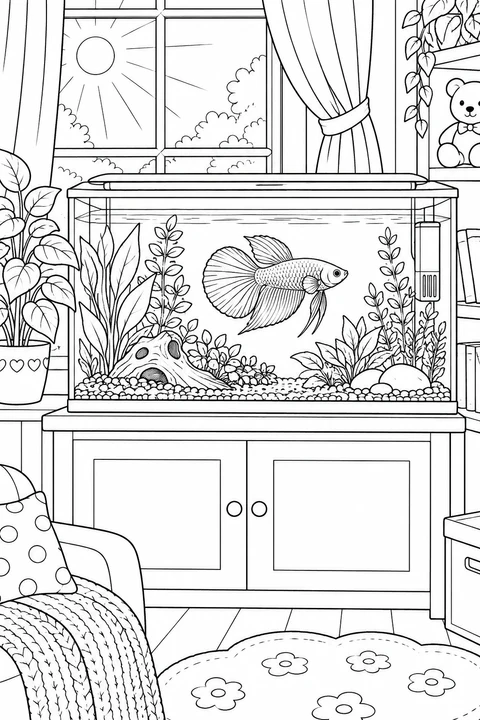 Ein Betta schwimmt in einem geräumigen Pflanzenaquarium am sonnigen Fenster, umgeben von Vorhängen, Zimmerpflanzen, Teddybär und einem gemütlichen Sessel.