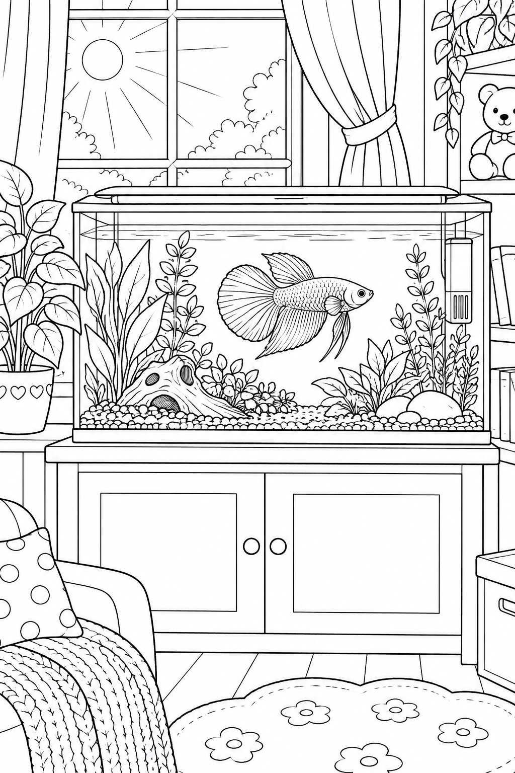 Ein Betta schwimmt in einem geräumigen Pflanzenaquarium am sonnigen Fenster, umgeben von Vorhängen, Zimmerpflanzen, Teddybär und einem gemütlichen Sessel.