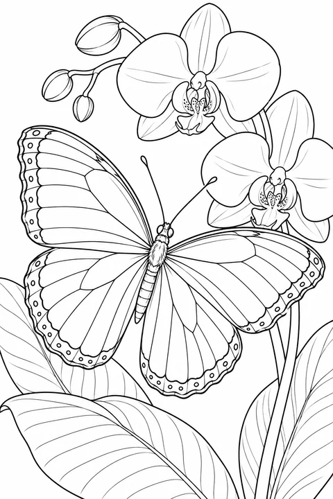 Blue Morpho Butterfly beside Orchids