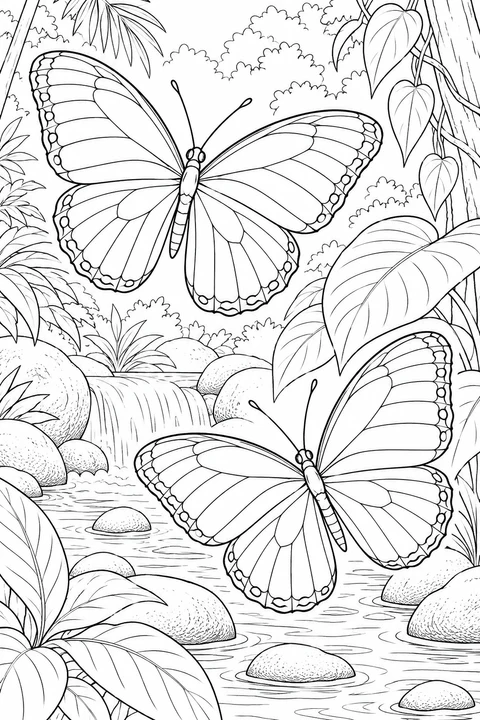 Blue Morpho Butterflies above a Rainforest Stream